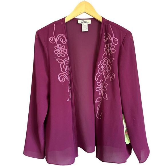 Vintage Tops - Vintage Patra Floral Rose Embroidered Rhinestone Sheer Cardigan